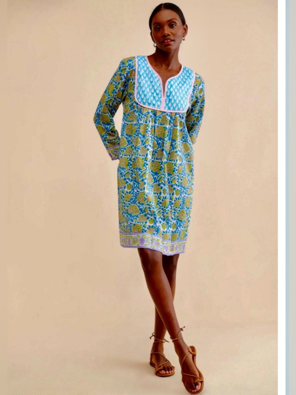 Anthropologie SZ Blockprints Long Sleeve Floral Shift Dress in Blue and Green